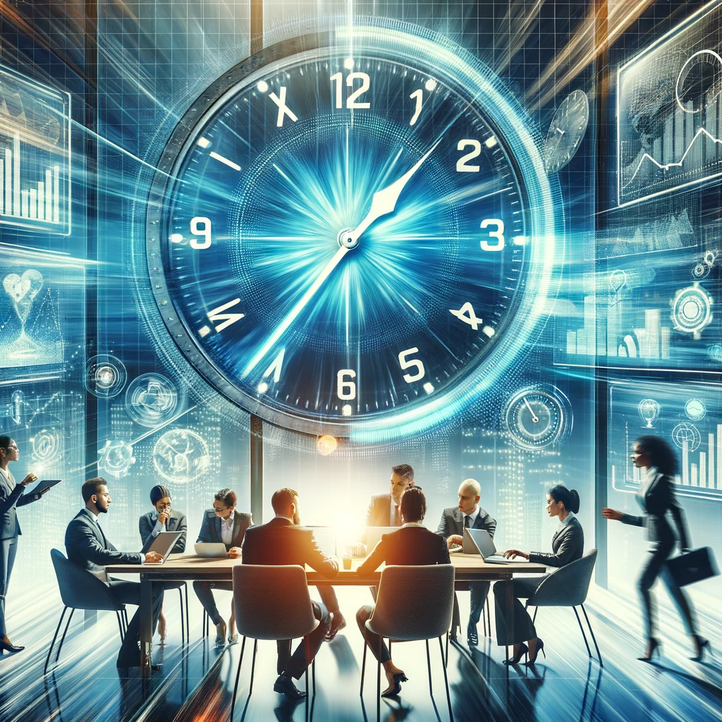 Dynamic business environment illustrating rapid decision making with a clock, business professionals, and data screens.