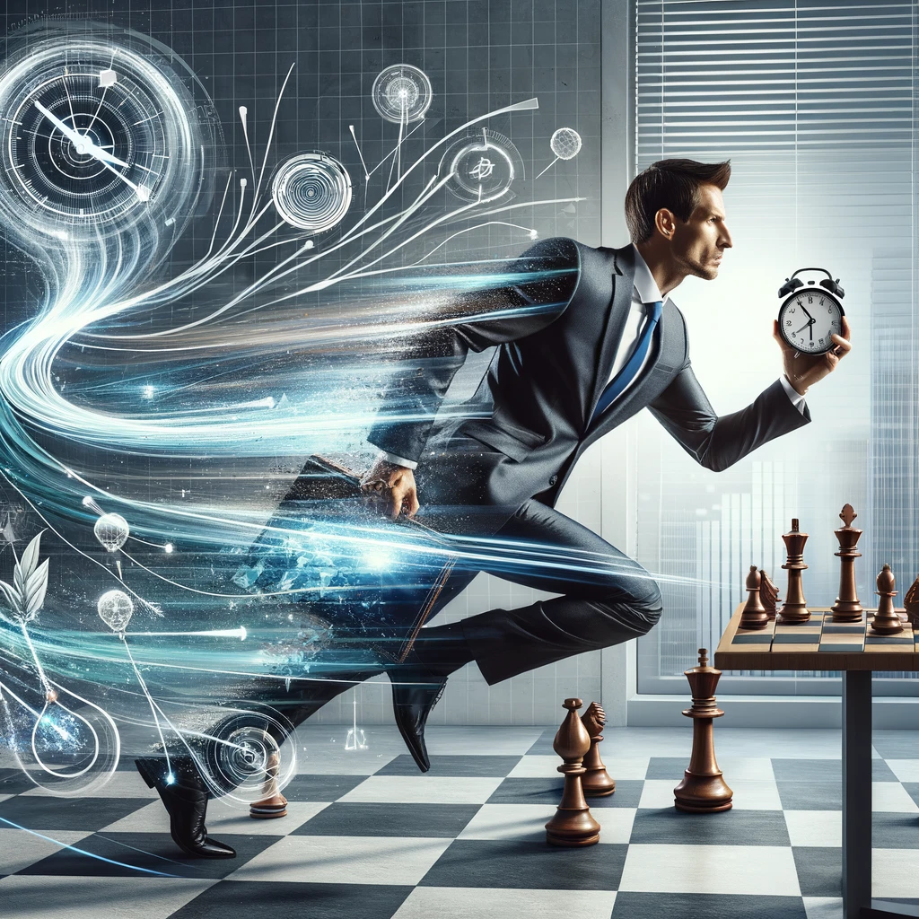 Business professional in a dynamic pose surrounded by strategic thinking and speed symbols, representing rapid decision making practice.