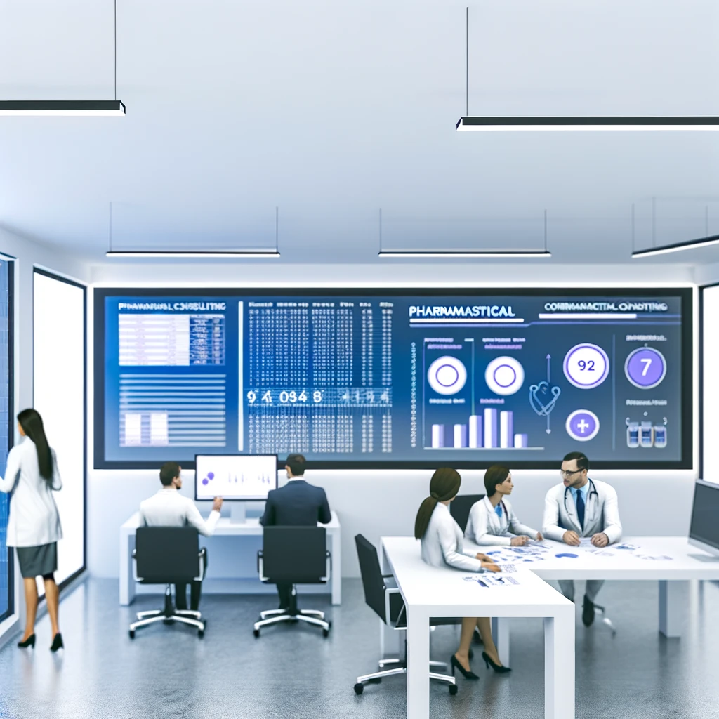 A team of pharmaceutical consultants analyzing data and strategizing in a modern office, showcasing medical charts and healthcare statistics on digital displays.