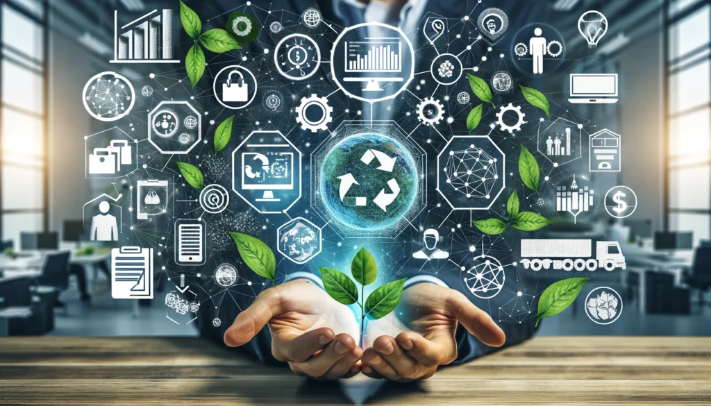 Hands holding green leaves and a handshake icon over a global network background - symbolizing sustainable and ethical supply chain relationships.