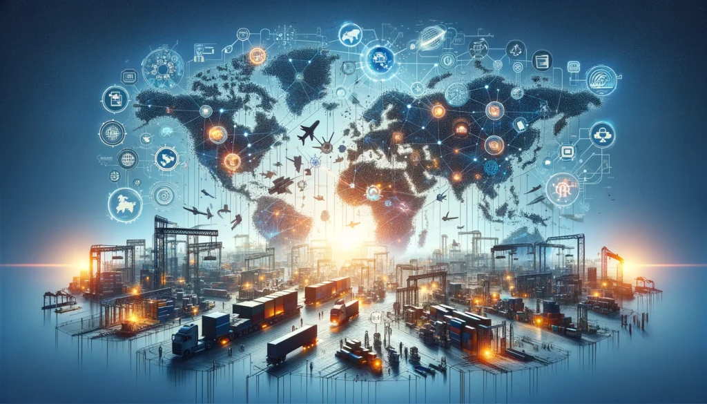 Digital transformation in supply chain management - analytics charts, IoT devices, and sustainability icons showing modern consulting strategies.